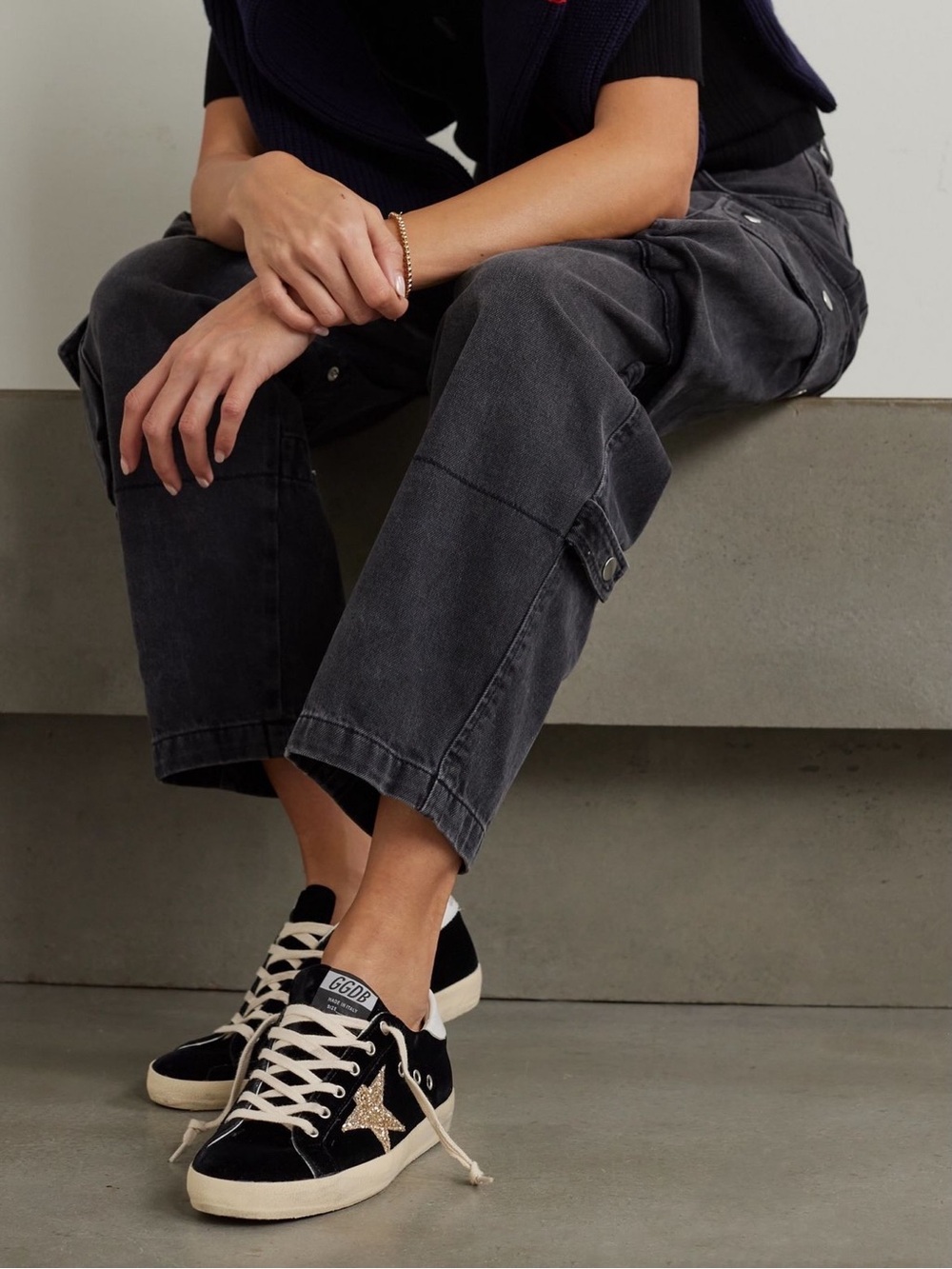 Golden Goose Black Velvet Sneakers with Gold Glitter Star - Picture 7 of 9